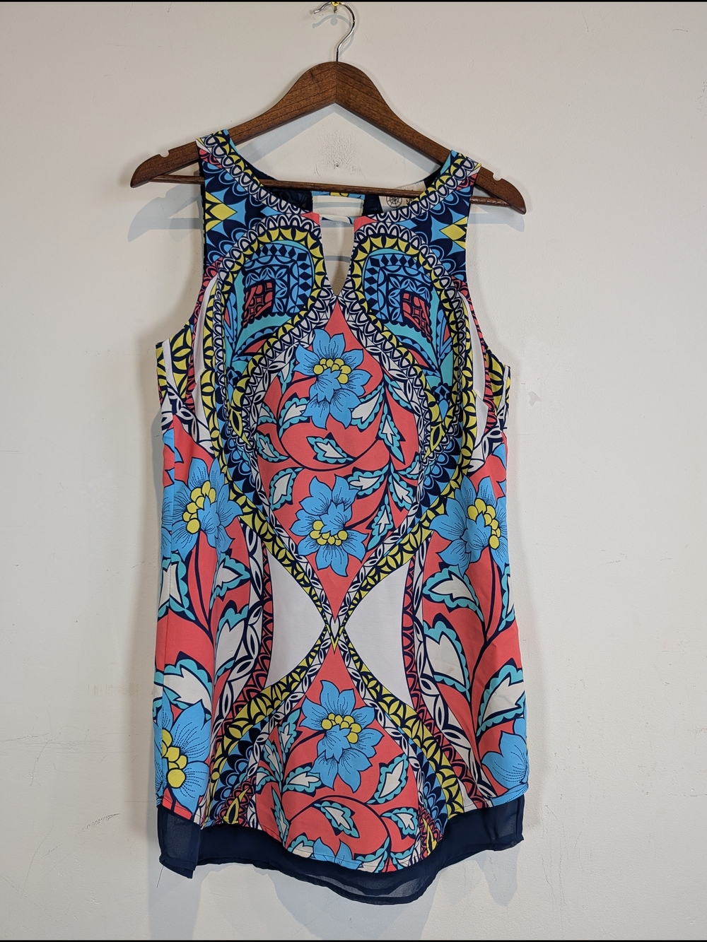 Due South Floral Coral & Blue Sleeveless Summer Dress, Size M/L